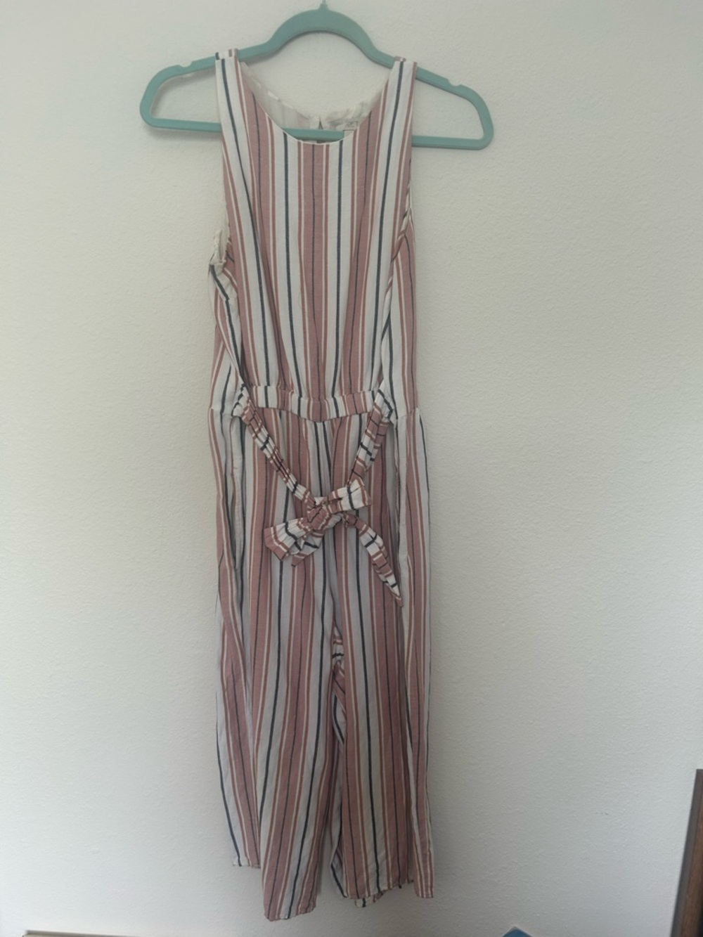 LOFT Striped Capri Leg Sleeveless Jumpsuit in Blush Pink, Navy, and White